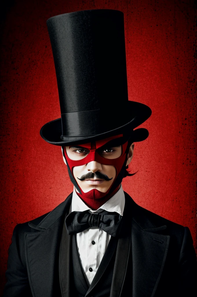 A man with his face covered by a top hat, let the atmosphere be crimson red aesthetic and make it anime style