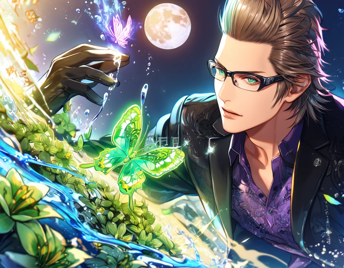 absurdres, highres, ultra detailed, HDR, master piece, best quality, extremely detailed, Ignis Scientia, brown hair, slicked up hair, glasses with black frames, expressive green eyes, Final Fantasy XV, solo, sexy man, handsome, black jacket, purple shirt, black gloves, fantasy, magic, sparkling, water, moon, green flowers, green butterflies