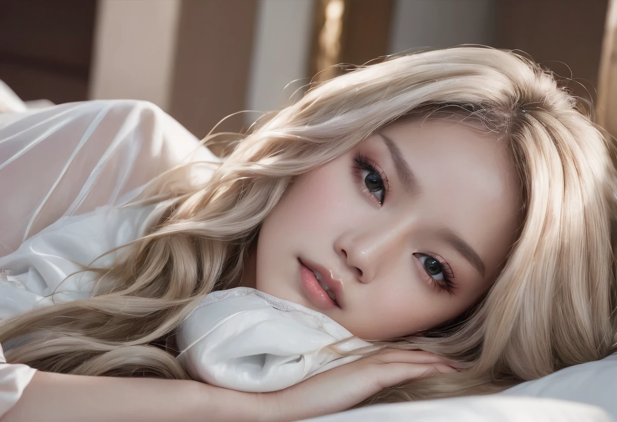 Jennie blackpink, alone, (25 years old:1.3), beautiful lady, (Blonde extra long wavy hair:1.3), Detailed face:1.2), ((Detailed face features:1.3)), Delicate skin, perfect skin, charming breast, ((portrait:1.3)), wrapped in a silk cloth, Bedroom environment, (Lying in bed:1.3), (Cool color scheme:1.2), wet, tired, light blush, Reflective surface, (current:1.3), (High resolution:1.3), ((Realistic:1.4)), masterpiece, real details, shallow depth of field