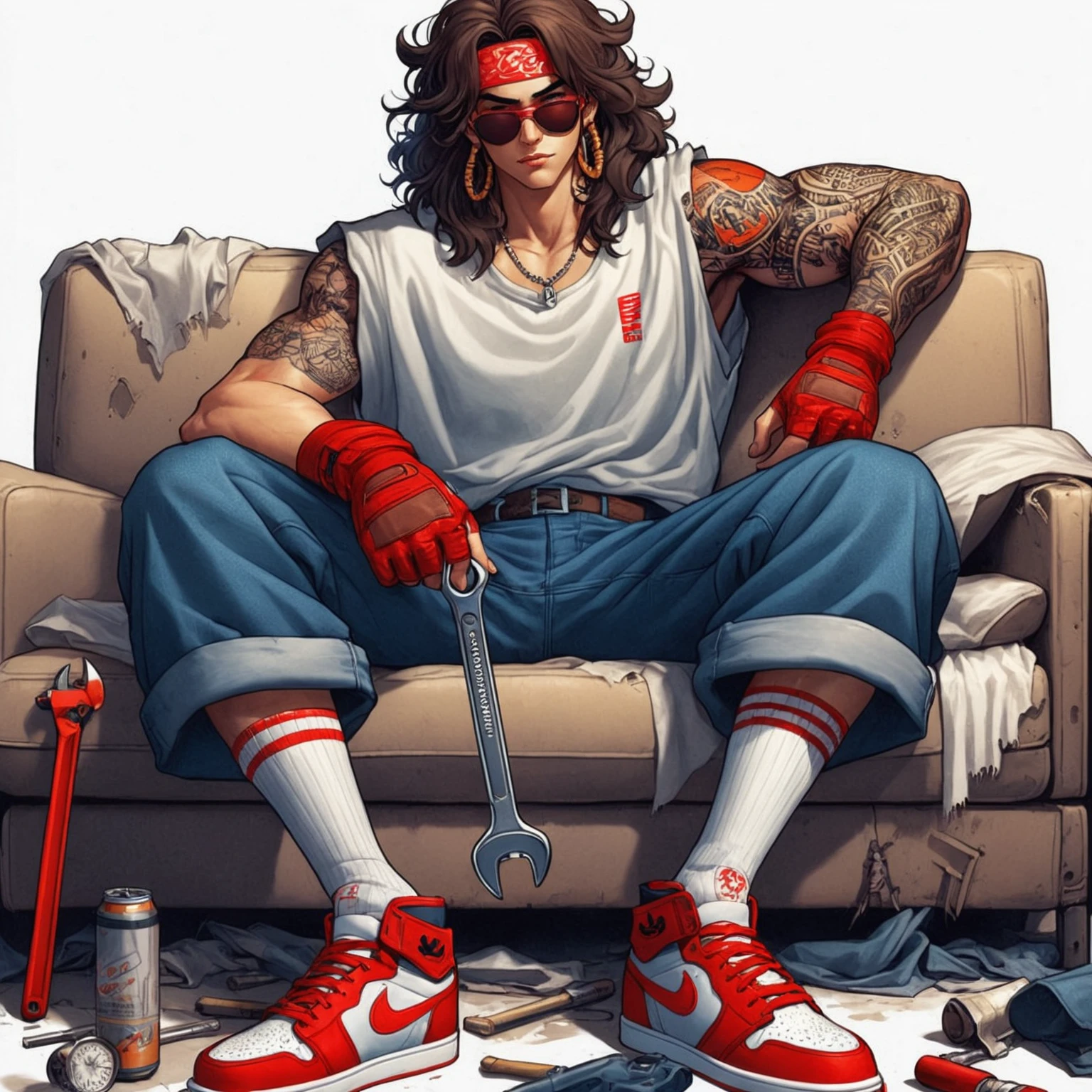 arafed man sitting on a couch with a wrench and a baseball bat, 90s comic book character design, highly detailed character design, by Eddie Mendoza, jean-sebastien rossbach, cyberpunk street goon, tyler jacobson style, baki style, diego dayer, detailed character art, mechanic punk outfit, eboy, cyberpunk dude, character art the contra