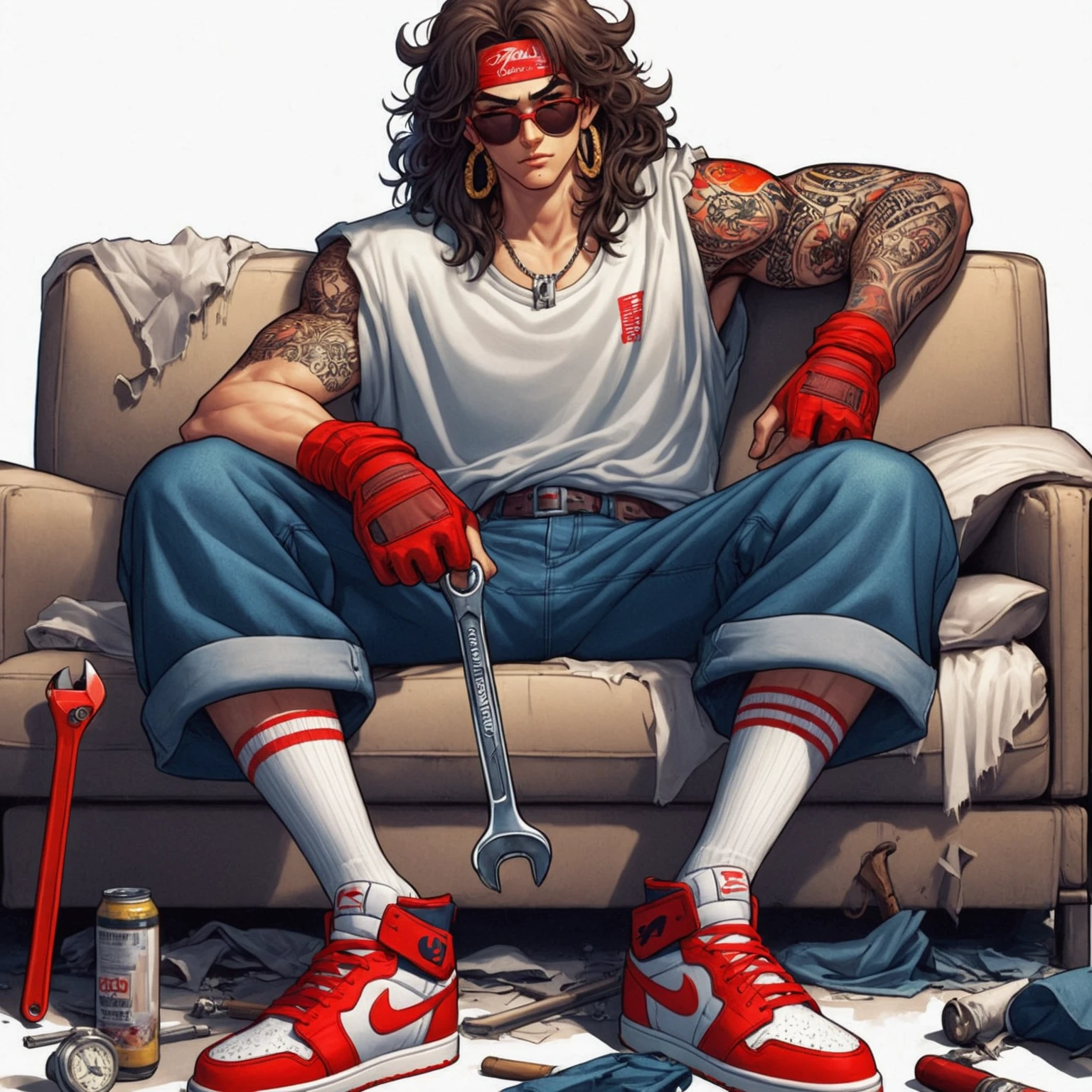 arafed man sitting on a couch with a wrench and a baseball bat, 90s comic book character design, highly detailed character design, by Eddie Mendoza, jean-sebastien rossbach, cyberpunk street goon, tyler jacobson style, baki style, diego dayer, detailed character art, mechanic punk outfit, eboy, cyberpunk dude, character art the contra