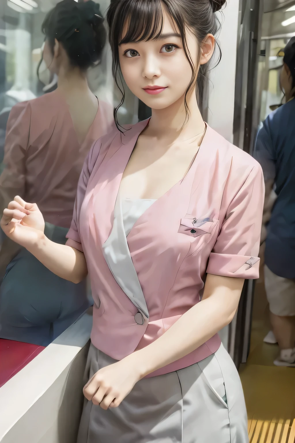 (masterpiece:1.2, Highest quality:1.2), 32k HDR, High resolution, (alone、1 girl)、（On the rooftop of a building in the daytime、Professional Lighting）、Building rooftop background、（Nankai train crew uniform pinkを着たリアルスタイル）、（Nankai train crew uniform pink short sleeve collarless pink jacket、Nankai Train Crew Uniform Pink Collarless Short Sleeve Blouse、Nankai Train Crew Uniform Pink Grey Knee-length Culottes）、（（The bottom of the pink short-sleeved jacket cannot be tucked into the clay-colored culottes.））、Dark brown hair、（Hair tied up、Hair Bun、Hair Bun）、Dark brown hair、Long Shot、Big Breasts、Thin legs、（（Great hands：2.0）），（（Harmonious body proportions：1.5）），（（Normal limbs：2.0）），（（Normal finger：2.0）），（（Delicate eyes：2.0）），（（Normal eyes：2.0））)、（Nankai Train Crew Uniform Pink Grey Knee-length Culottesを見せた美しい立ち姿）、smile