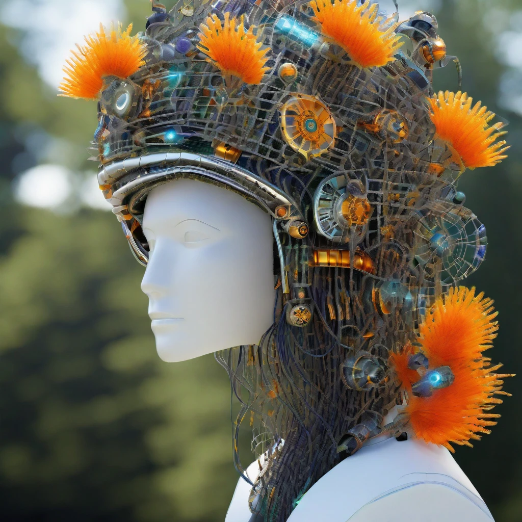 A tumbling tilt-shifting triple exposure of a cybernetic polypore eccentric jellyfish prototype enhancement featuring a female Native American robot with a traditional indigenous headdress made of metallic feathers. She is hacking the mycelium network in a warped perspective with a forest exposure. The robot has a sleek, metallic body adorned with intricate chipset connection lines, with colors of orange, dark purple, blacklight, and silver metallic with chromed parts. The forest has natural textures and aspects but with chromed colors and chipsets embedded in the tree trunks, giving the appearance of human-made creations. The scene is ethereal and futuristic, highlighting the robot's graceful interaction with the technologically enhanced nature. --ar 16:9 --v 5