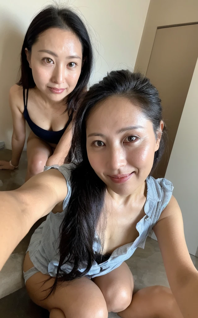 ((Best Quality, 8k, Masterpiece, Portrait: 1.3, Photorealistic)), (from below, look down, looking at viewer), (cowboy shot:1), Sharp Focus, ((Solo)), 1 Japan Milf, Beauty, (impish expression), Cloth with Cleavage View, 45 Years Old, Wavy Hair, Wrinkles at the Corners of the Eyes, Emphasized, wearing gorgeous underwear, wet bathroom floors,