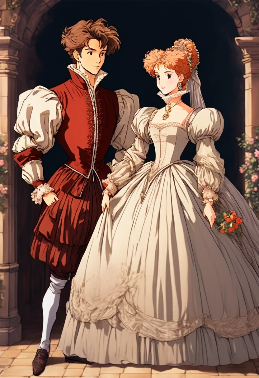 (High Resolution, Ultra Detailed), Showing a very late 1500s Elizabethan Enbglish Handsome young upper middle class couple male and female in classic period Elizabethan fashions clothings attires dress animated kinda anime style