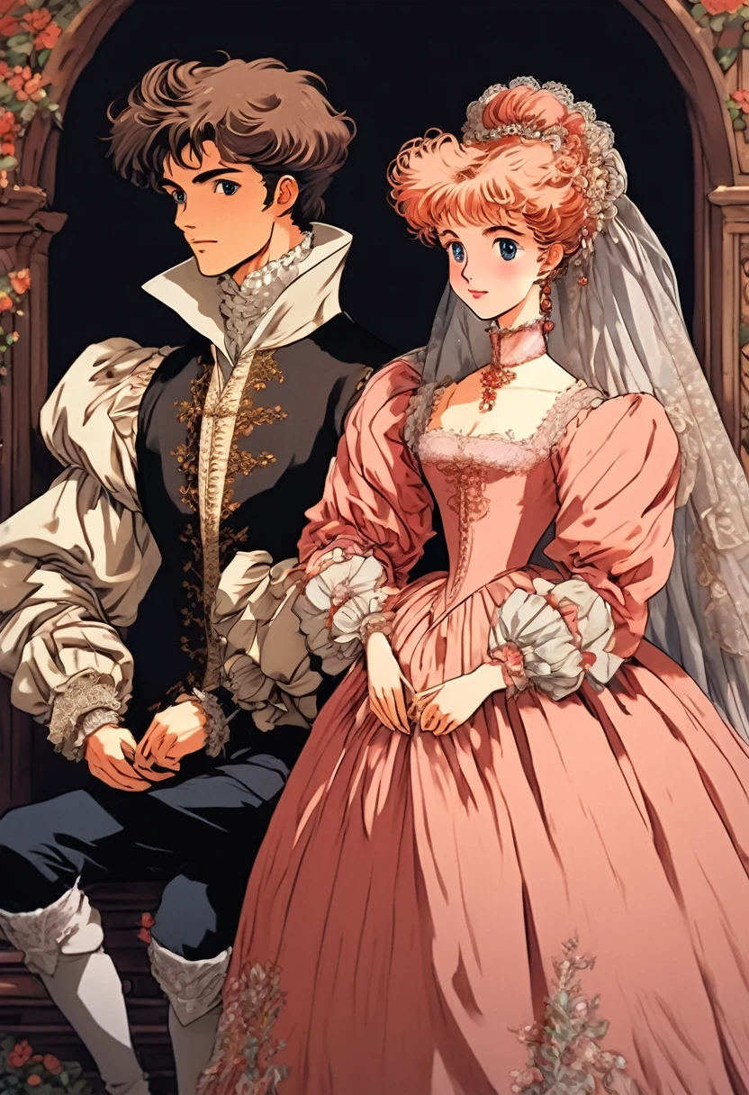 (High Resolution, Ultra Detailed), Showing a very late 1500s Elizabethan Enbglish Handsome young upper middle class couple male and female in classic period Elizabethan fashions clothings attires dress animated kinda anime style