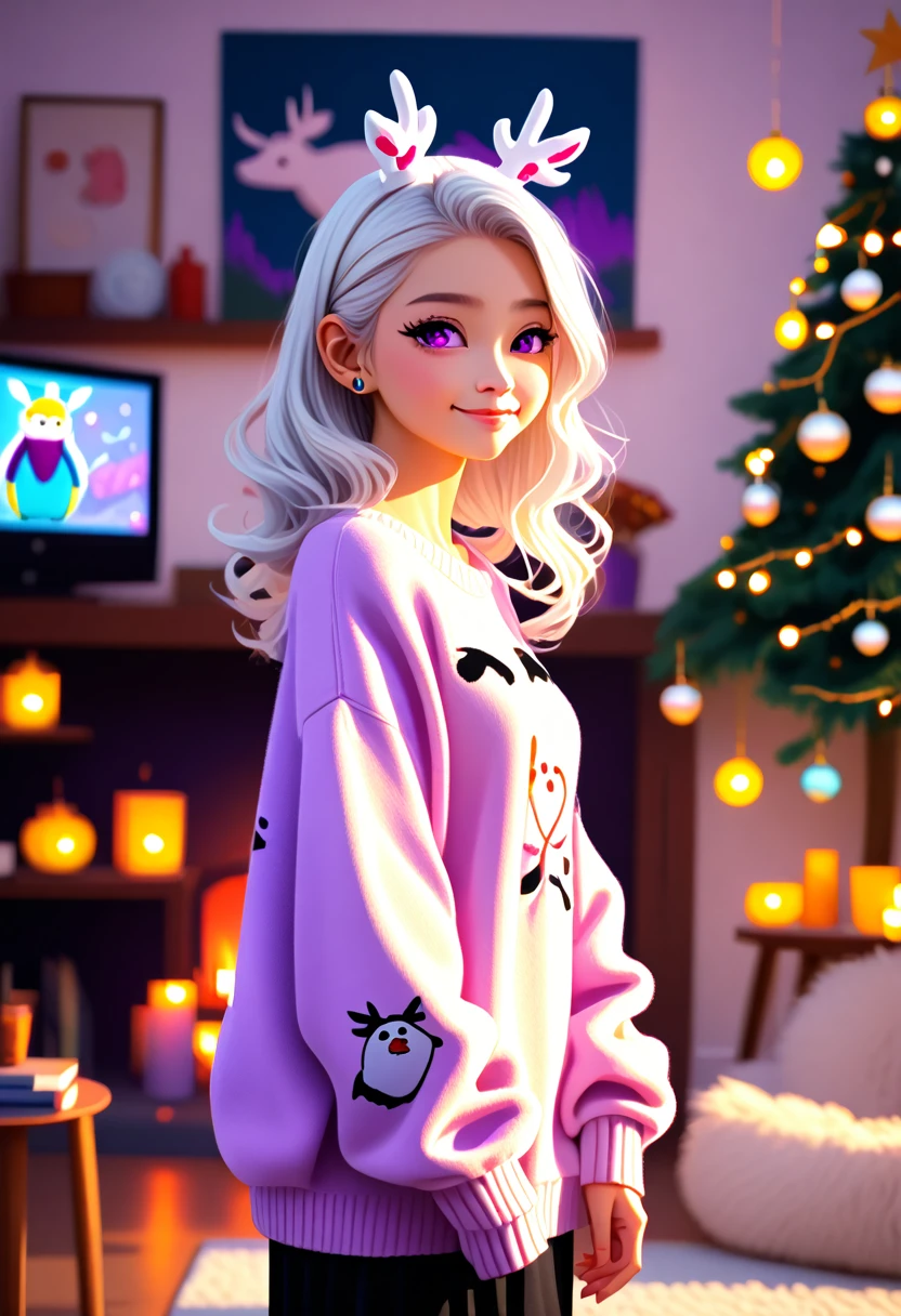 :: hikari comix style ::1 girl, White hair, deer ca.adorable, Japanese girl , ab_Shoulder sweater, White hair curto cacheado,spiral purple eyes, hair elastic, twin-tail, pose kawaii、he used to smile、Simple and modern living room background with fireplace、taken from the side、bokeh fast. With a duck mascot