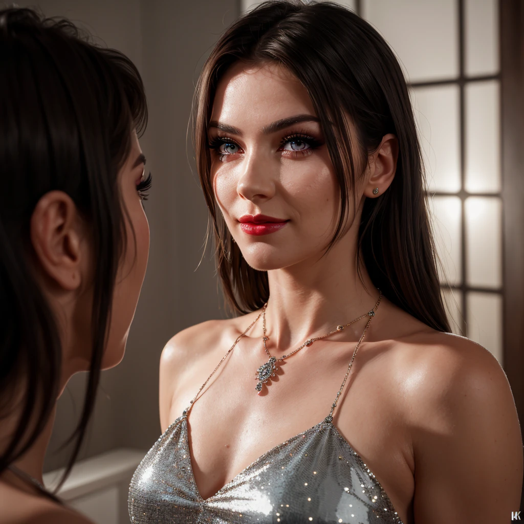 (masterpiece:1.4), ultra high detail, best quality, beautiful lighting, upper body, dress, necklace, real life, 1girl, natural makeup, red gloss lips, ultra detailed face, ultra detailed eyes, azure eyes, medium eyelashes, skin pores, intricate, high detail, sharp focus, dramatic, beautiful girl, (RAW photo, 8k uhd, film grain), caustics, subsurface scattering, reflections, smile, 