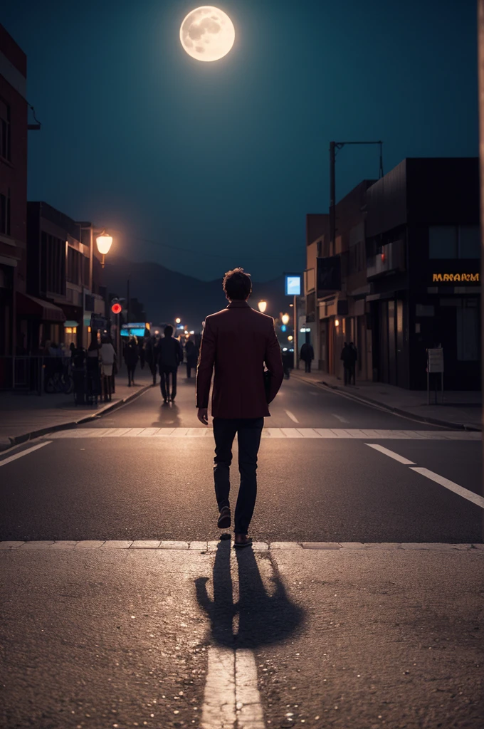 I created an ultra realistic three-dimensional image of a man walking on the road and on the edge of the entrance people centered with sad faces in the clear moonlight in the red tone of surreal beauty