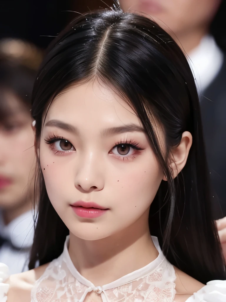 Kim Jennie with dark black hair, with curlers at the ends of dark black hair, with a star clip in her dark black hair, light colored eyes, pretty eyes, crying eyes, pretty, upturned nose, Pretty lips, pink lips, heart and cupid shaped lip, pretty skin, pale, White skin, with moles and freckles all over his face, soft pink blush on the cheeks, natural pink blush, dark and gothic makeup, Gothic Jennie, while she is with a cute boy by her side, with a cute asian boy standing next to her, while there is a man&#39;s torso, while the man&#39;His hand is on his jaw.., beautiful man&#39;s hands, with a gothic boy, nice collars, marked collar, frown, angry look, with a kiss necklace, a pretty kiss necklace, while her nipples are noticeable (big breasts, soft breasts, nice breasts, natural breasts), with a white dress, short and transparent dress, visible on the nipple, with a boy by his side, with her boyfriend, looking to the camera, autophoto