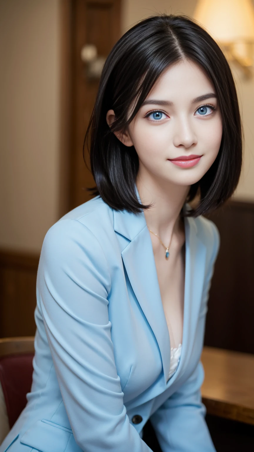 Tabletop、Highest quality、Genuine、Very detailed、finely、High resolution、8k wallpaper、One beautiful woman、(((Black Hair)))、(((Long Bob)))、Wearing a business suit、Sharp focus、Perfect dynamic composition、Beautiful and delicate eyes、(((Pale blue eyes)))、詳細なGenuineな肌の質感、smile、Close-up portrait、Model Body Type