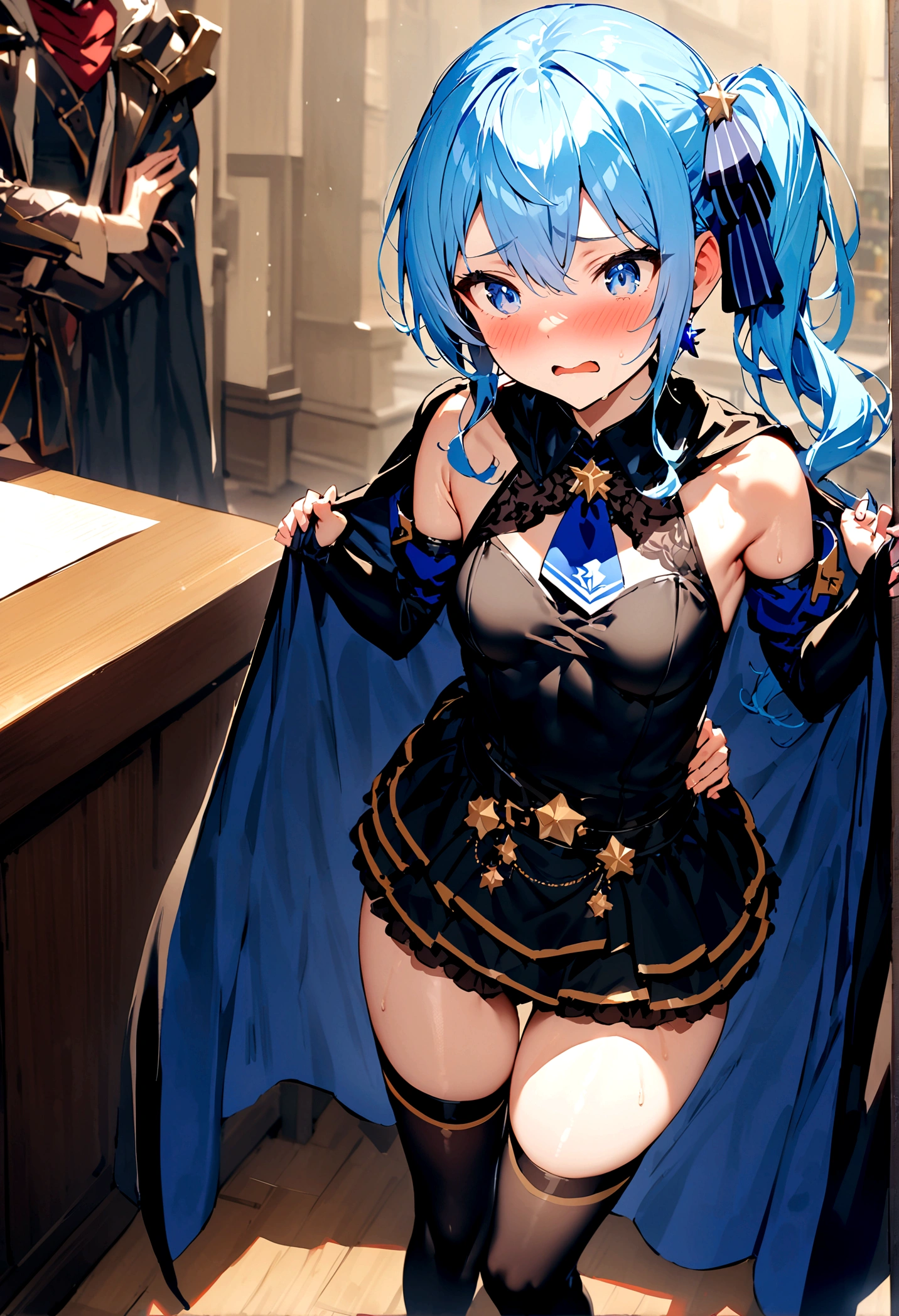 NSFW,masterpiece,Highest quality,High resolution,Super detailed,Star Town Suisei\(Hololive\),Blue Hair,One Side Ponytail,Blue Eyes,Small breasts,leotard,Removable sleeves,Micro Mini Skirt,Knee-high socks,Cape,Adventurer's Guild,Reception counter,Embarrassed,blush,Expecting face,(Strong-faced men),A man puts his hands on her waist and hugs her,(Molester)