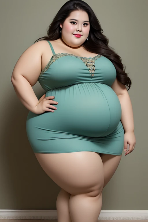 best quality, masterpiece, Weight: 120 kg, extremely obese, severe abdominal obesity, severe visceral obesity, Belly fat is prominent, severe abdominal obesity, I got a lot of belly, mini skirt, high heel, ssbbw, fat body type, pregnant belly