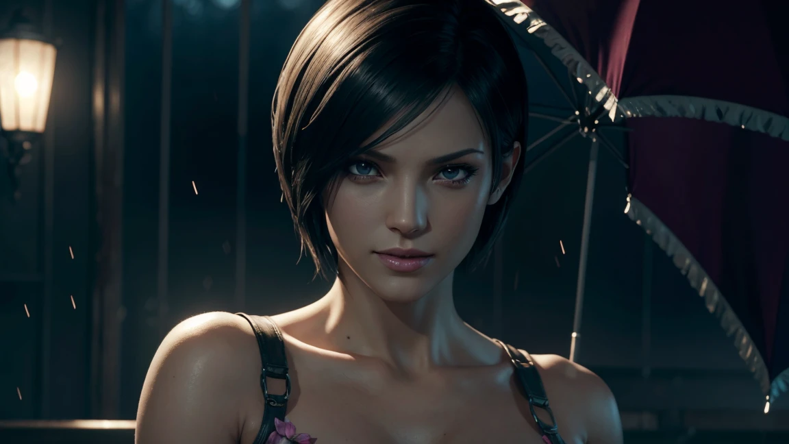 Resident Evil 6,Ada,Short Hair,Photorealistic,Ultra HD,high quality,masterpiece,Digital SLR,Detailed details,Intricate details,Anatomical basis,Depicted in detail,A detailed face,Realistic skin texture,Vivid details,Perfect Anatomy,Perfect Anatomy,Anatomically correct hand,Anatomically correct fingers,Super Detail,Complex 3D rendering,Sexy pose,Beautiful morning glory(flower),Rainy Sky,Beautiful scenery,Fantastic rainy sky,Picturesque,Pink Lips,smile,Fantastic butterflies々, AMBER HEARD
