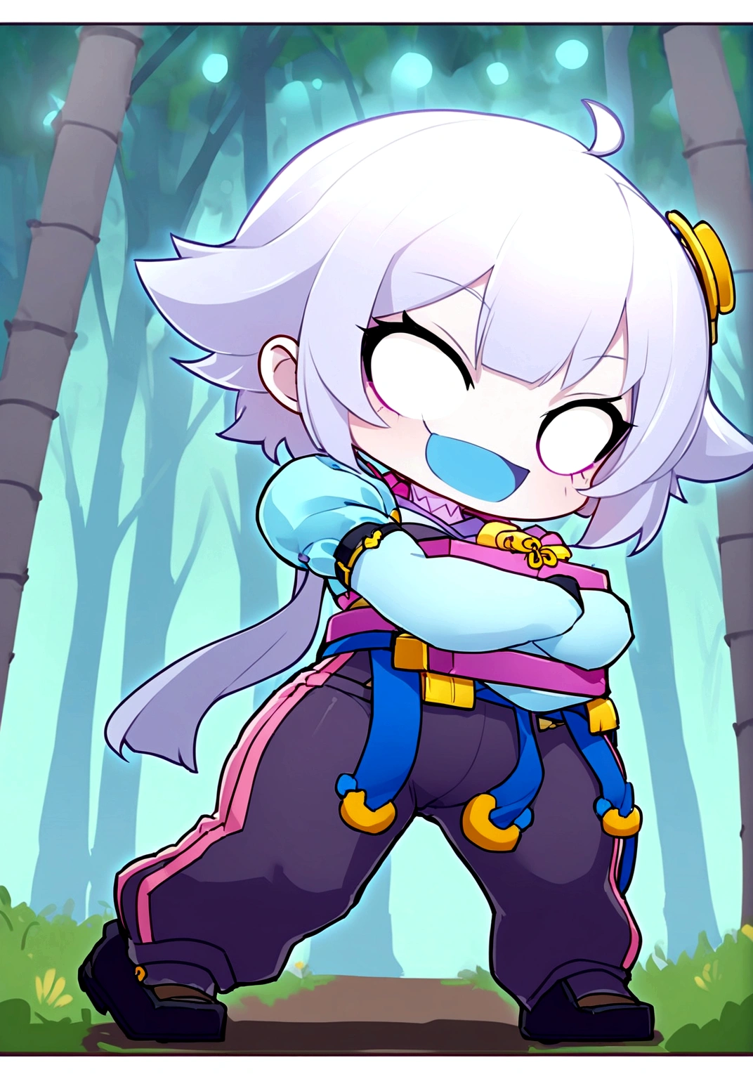 Colette has pale blue skin and short white hair.. Your eyes now shine with kindness. She wears a blue kimono with pastel blue tones. She wears a bamboo in her green mouth. And she's in a forest that shines with moonlight.