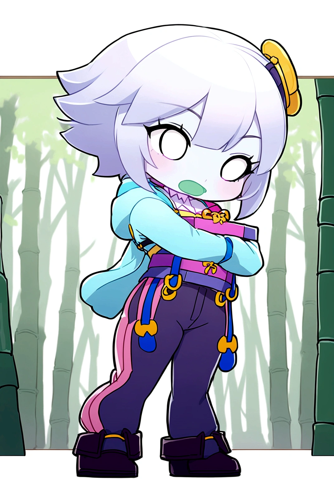 Colette has pale blue skin and short white hair.. Your eyes now shine with kindness. She wears a blue kimono with pastel blue tones. She wears a bamboo in her green mouth. And she's in a forest that shines with moonlight.