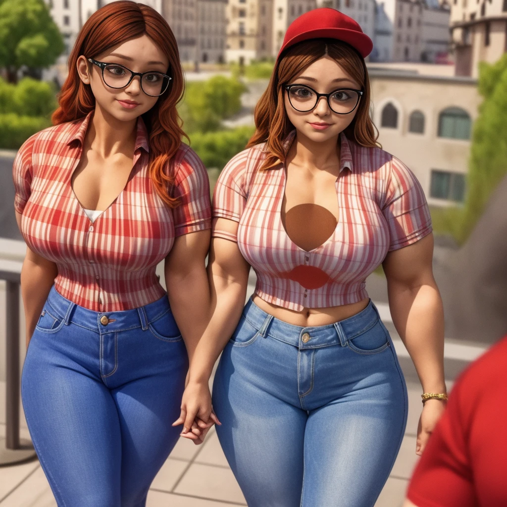 (masterpiece, best quality:1.2), A couple , boy Nino Lahiffe: Brown skin, dark hair, usually seen wearing a red cap, glasses, and casual clothing like a T-shirt and jeans, and a girl Alya Césaire: Brown skin, curly dark brown hair, often wears glasses, and typically seen in stylish, casual outfits. A casual day out with both characters in their everyday attire,Sharing a tender moment, like sitting on a rooftop overlooking Paris..(girl and boy:1), smiling, ((high resolution illustration)), ((extremely detailed)), (couple), Alya, Nino, Nino X Alya, (best quality,4k,8k,highres,masterpiece:1.2), ultra-detailed, realistic:1.37, HDR, studio lighting, extreme detail description, nino wearing a red cap, professional, vibrant colors, bokeh, ((muscular female bodybuilder)), detailed lips, strong embrace, romantic scene, intimate moment, intense passion, athletic bodies, fitness couple, gym.