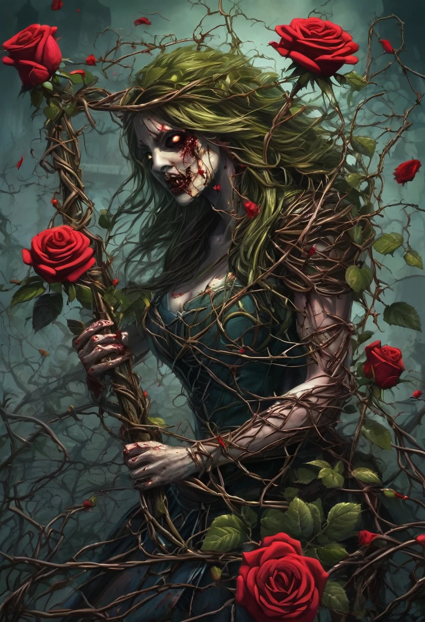 (Thorny rose vines wrap around the female zombie&#39;s body, immobilizing her:2.0)、Wearing a dirty and damaged floral dress、Detailed decayed eyes、Detailed collapsed lips、Highly detailed skull-like face、Pale grass-colored skin、Sunken eye sockets、Big Breasts、Big Butt、The skin of the female zombie&#39;s body is marred by rose thorns、(A struggling female zombie holds up her arms to show her armpits:1.5)、Dark and gritty、Cinematic lighting、High contrast、Gloomy atmosphere、Super detailed、8K、Photorealistic、masterpiece、Horror、Gothic、chalkdust