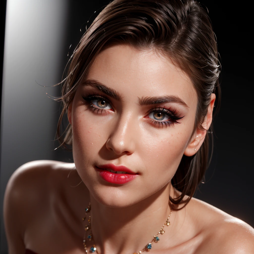 (masterpiece:1.4), ultra high detail, best quality, beautiful lighting, upper body, dress, necklace, real life, 1girl, natural makeup, red gloss lips, ultra detailed face, ultra detailed eyes, azure eyes, medium eyelashes, skin pores, intricate, high detail, sharp focus, dramatic, beautiful girl, (RAW photo, 8k uhd, film grain), caustics, subsurface scattering, reflections, smile,