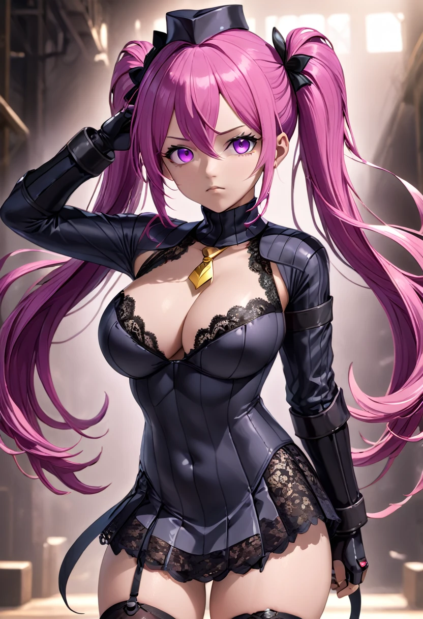 NSFW, collarbone, absurd, brainwashed, combatant, hollow eyes, ((purple glowing eyes 1.5)), expressionless, emotion removed, ((black shadaloo suit)), looking away, full body shape, ((standing up, saluting)), (highest quality, 4k, 8K, high resolution, required:1.2), ultra detailed, (real, it looks real, looks real:1.37), ticker, hyper hd, studio lighting, ultra detailed paint, sharp focus, physically based rendering, extreme detail, professional, vibrancy and color, blurry, sports portrait, landscape, horror style, anime big , sci-fi, photography, concept artist, five fingers, perfect body, {{{masterpiece}}}, {{{best quality}}}, {{ultra detailed}}, {{shape}, {{very delicate and beautiful}}, value for money, all roles, Canon 5D MK4 photo, photo, (1 person: 1.2), (solo: 1.2), masutepiece, nffsw, shader, highest quality, elementary school student, (((magical girl outfit))), standing picture, ratex, tight long gloves, long boots, twin tails, long hair, pink hair, belly button exposed, both hands holding up skirt, black lace panties, panty shot, (NSFW: 0.8), very large breasts, body type (young girl body type, only large breasts)