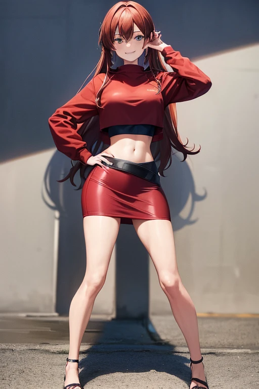 1girl, woman, red sweatshirt, crop top, black midi pencil skirt (tight), midriff, long hair, looking at viewer, full body, smile, hand on hip, brown hair