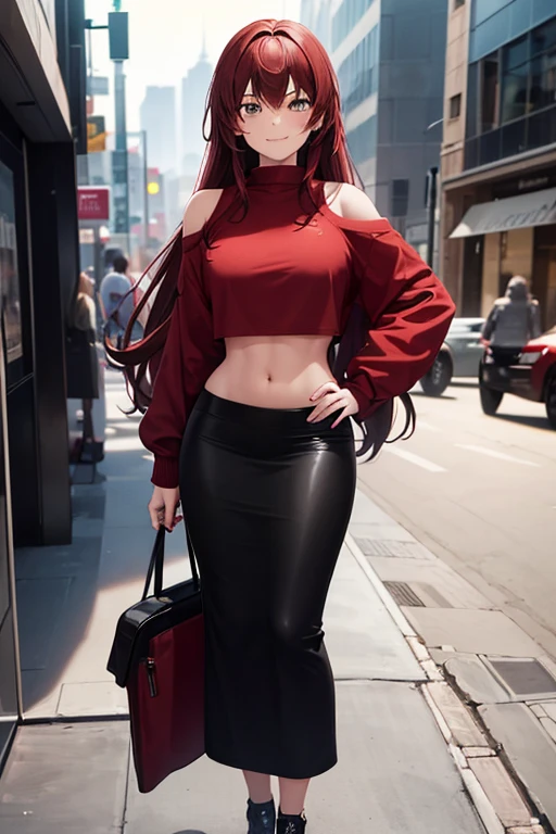1girl, woman, red sweatshirt, crop top, black midi pencil skirt (tight), midriff, long hair, looking at viewer, full body, smile, hand on hip, brown hair