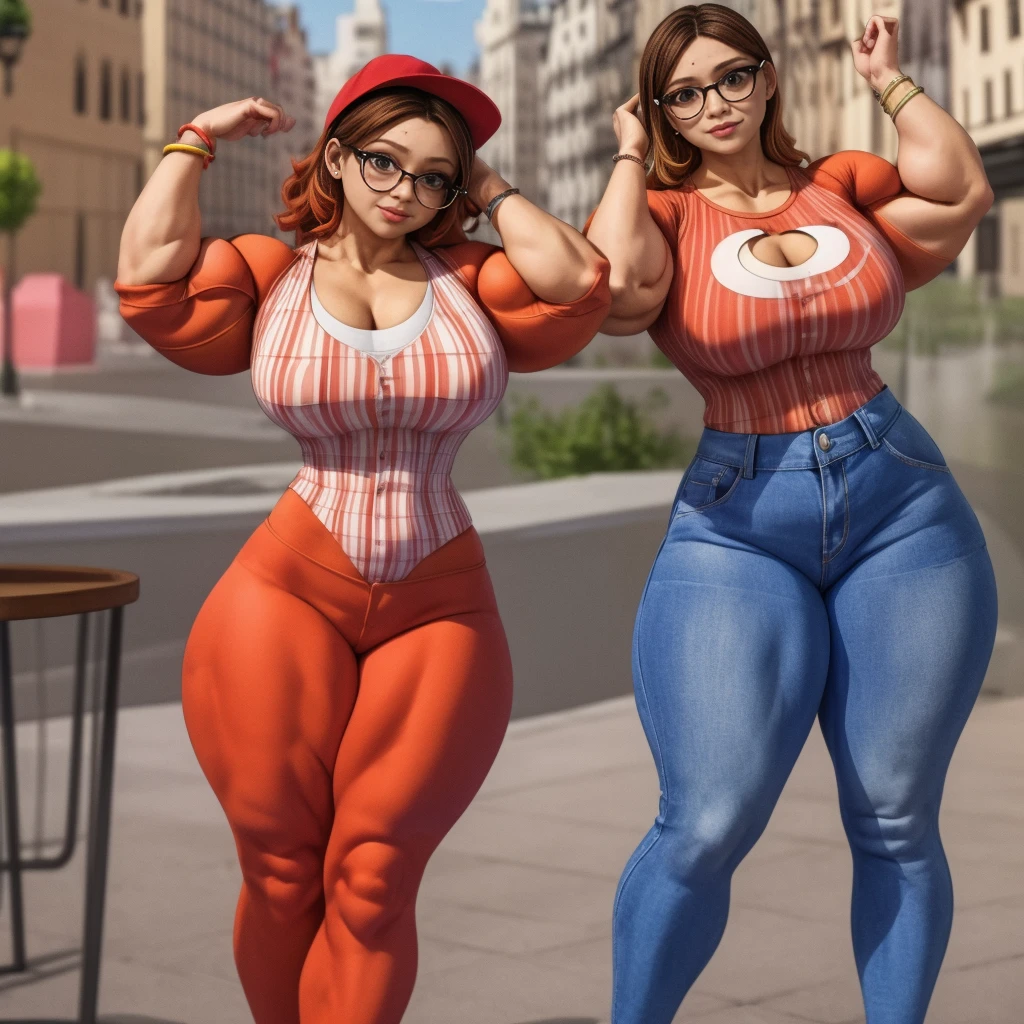 (masterpiece, best quality:1.2), A couple , boy Nino Lahiffe: Brown skin, dark hair, usually seen wearing a red cap, glasses, and casual clothing like a T-shirt and jeans, and a girl Alya Césaire: Brown skin, curly dark brown hair, often wears glasses, and typically seen in stylish, casual outfits. A casual day out with both characters in their everyday attire,Sharing a tender moment, like sitting on a rooftop overlooking Paris..(girl and boy:1), smiling, ((high resolution illustration)), ((extremely detailed)), (couple), Alya, Nino, Nino X Alya, (best quality,4k,8k,highres,masterpiece:1.2), ultra-detailed, realistic:1.37, HDR, studio lighting, extreme detail description, nino wearing a red cap, professional, vibrant colors, bokeh, ((muscular female bodybuilder)), detailed lips, strong embrace, romantic scene, intimate moment, intense passion, athletic bodies, fitness couple, gym, (((both flexing their big muscles))).