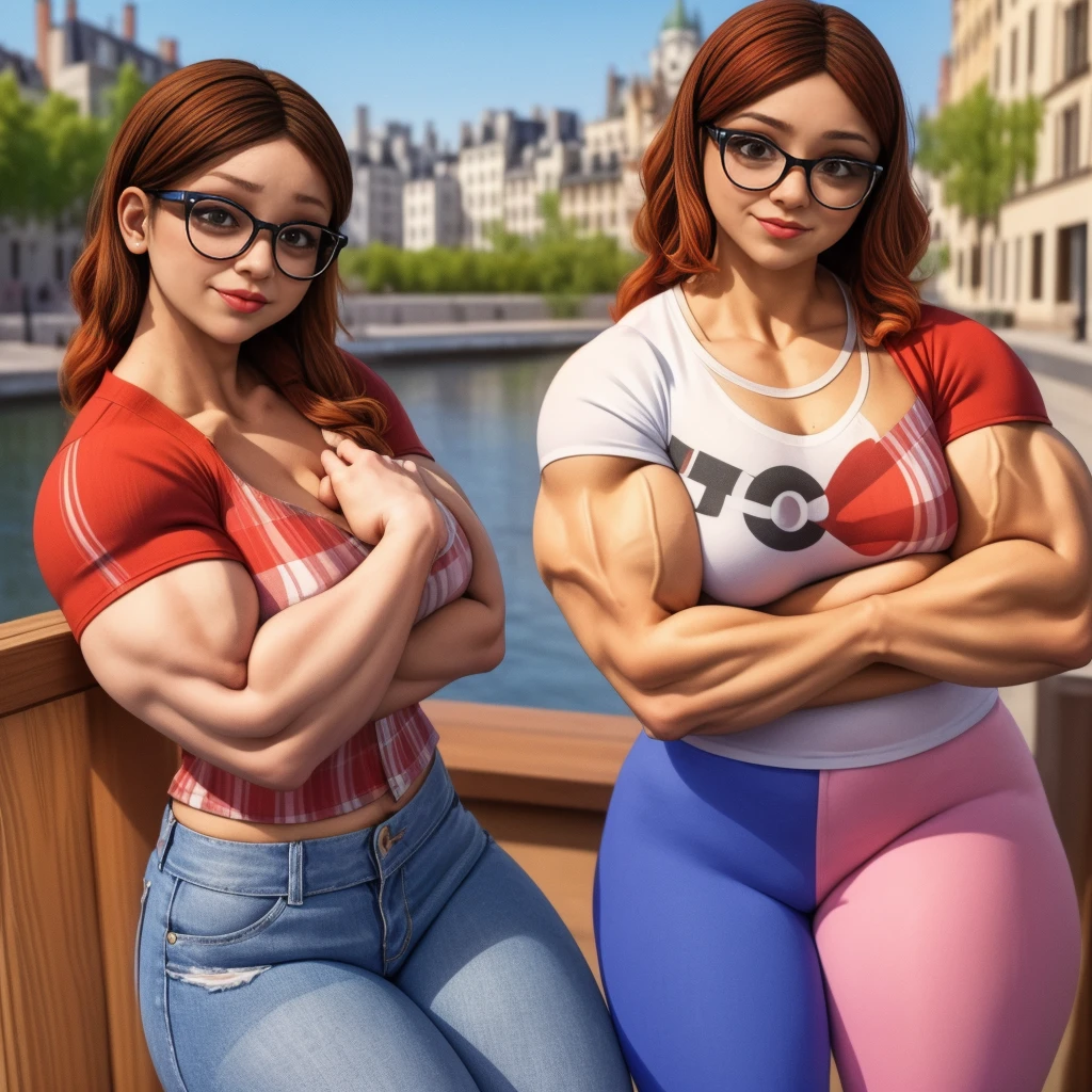 (masterpiece, best quality:1.2), A couple , boy Nino Lahiffe: Brown skin, dark hair, usually seen wearing a red cap, glasses, and casual clothing like a T-shirt and jeans, and a girl Alya Césaire: Brown skin, curly dark brown hair, often wears glasses, and typically seen in stylish, casual outfits. A casual day out with both characters in their everyday attire,Sharing a tender moment, like sitting on a rooftop overlooking Paris..(girl and boy:1), smiling, ((high resolution illustration)), ((extremely detailed)), (couple), Alya, Nino, Nino X Alya, (best quality,4k,8k,highres,masterpiece:1.2), ultra-detailed, realistic:1.37, HDR, studio lighting, extreme detail description, nino wearing a red cap, professional, vibrant colors, bokeh, ((muscular female bodybuilder)), detailed lips, strong embrace, romantic scene, intimate moment, intense passion, athletic bodies, fitness couple, gym, (((both flexing their big muscles))).
