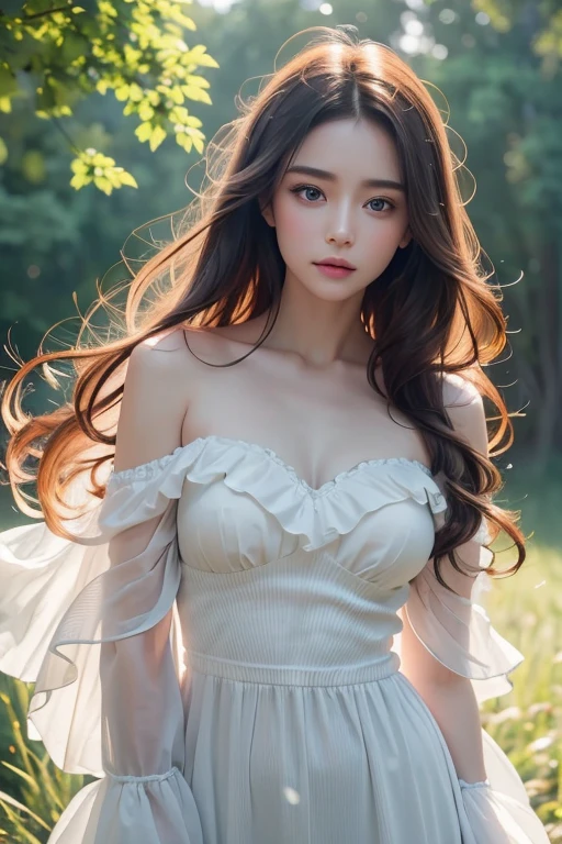 Perfect balance, Charming eyes, The wind gently ruffles my hair, Calm expression, Ethereal Light, Dreamy atmosphere, Soft colors, Stunning scenery, Romantic, Fairytale like Scene, Brushstrokes, 空灵Reality主义. (best quality,Very detailed,Reality), 充满活力的Brushstrokes, Superb composition. information