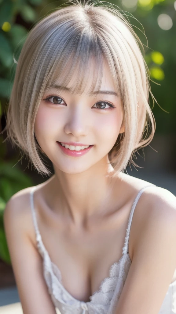 a cute japanese girl, 1girl, detailed charming eyes, detailed beautiful face, short silver hair, incredibly white and beautiful skin, happy smile, laced onepiece, ultra slender, best quality,4k,8k,highres,masterpiece,ultra-detailed,realistic,photorealistic,photo-realistic,intricate details,portrait,anime,vibrant colors,soft lighting