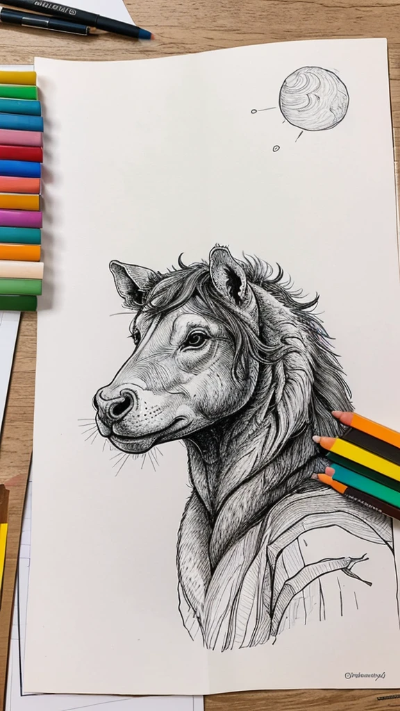 Create a detailed coloring book page featuring a hippocampus