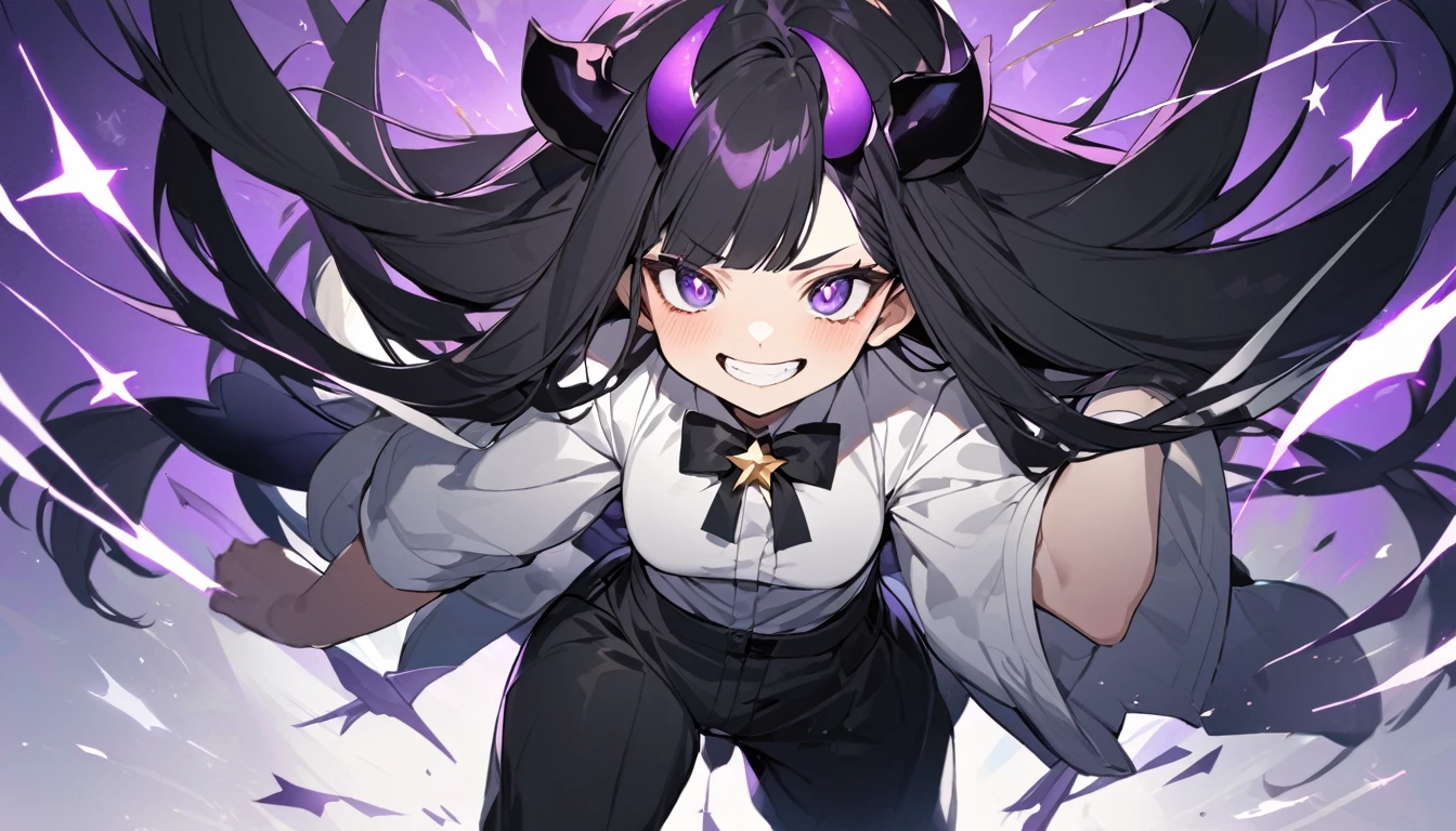 A girl with long black hair with straight bangs, with hair cut at the ends. Two large strands in the front, one bigger than the other. A rebel thread. A small white streak in your bangs. Two demon horns, one purple and one black, both with a dark purple star. one black eye and one purple eye. A purple star on your right cheek. black wide pants. All star shoe. Full white shirt with a bow tie with a star in the middle, with short sleeves.  a big chest . Grinning. She is a star demon. She is standing looking at the camera. In one of his eyes a star in the black eye case, in the black eye and just black. Sex girl. Sex girl. One black eye and one purple eye. The background is completely green. She's falling, but doesn't have a worried reaction. She is smiling.
