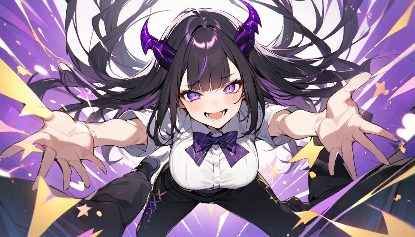 A girl with long black hair with straight bangs, with hair cut at the ends. Two large strands in the front, one bigger than the other. A rebel thread. A small white streak in your bangs. Two demon horns, one purple and one black, both with a dark purple star. one black eye and one purple eye. A purple star on your right cheek. black wide pants. All star shoe. Full white shirt with a bow tie with a star in the middle, with short sleeves.  a big chest . Grinning. She is a star demon. She is standing looking at the camera. In one of his eyes a star in the black eye case, in the black eye and just black. Sex girl. Sex girl. One black eye and one purple eye. The background is completely green. She's falling, but doesn't have a worried reaction. She is smiling.