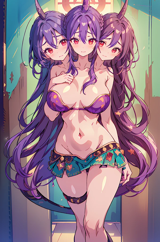 (masterpiece, best quality), best quality, (ultra-detailed), (3heads:1.5), 1girl, (chiyari tenkajin:1.3), masterpiece, best quality, (high quality), (high resolution), (best quality:1.5, highres, UHD), highres, absurdo, ultra detail, ultra quality, ultra resolution, ultra quality, ultra resolution, lime-green top, crop top, ((stomach)), midriff, ((groin)), teal skirt, normal ears, shackles, messy purple hair, very long hair, wavy hair, sidelocks, red eyes, detailed eyes, parted lips, single horn, sweat, cute, toned belly, hand on own chest, eyelashes, (24 year old woman:1.3), (masterpiece:1.5), (best quality:1.5), (beautiful detailed extremely detailed CG, extremely delicate and beautiful, depth of field, (finely detailed face), (perfect details:1.3), (mature female:1.3), wide pelvis, slender, large veiny breast, 16k resolution, highres, high quality, high definition, extremely detailed, masterpiece, messy purple hair, long hair, alluring presence, braid, short skirt, close up, very big tits, huge tits. young, girl with three heads, three headed girl,