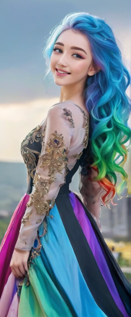 A stunning portrait of a -yeld giwith rainbow-coloured hair, a mix of blue and pink, under a brilliant sky on a sunny summer day、A breathtaking view unfolds。Half blue and half pink、A girl with colorful, flowing hair、Standing with a captivating smile。Long curls cascading down in golden waves、Frames bright sky blue eyes。Red and black repair dress 1.Wearing a voluminous 2-meter skirt、Captivate the audience with elegance。The dress was torn in many places、It is revealed