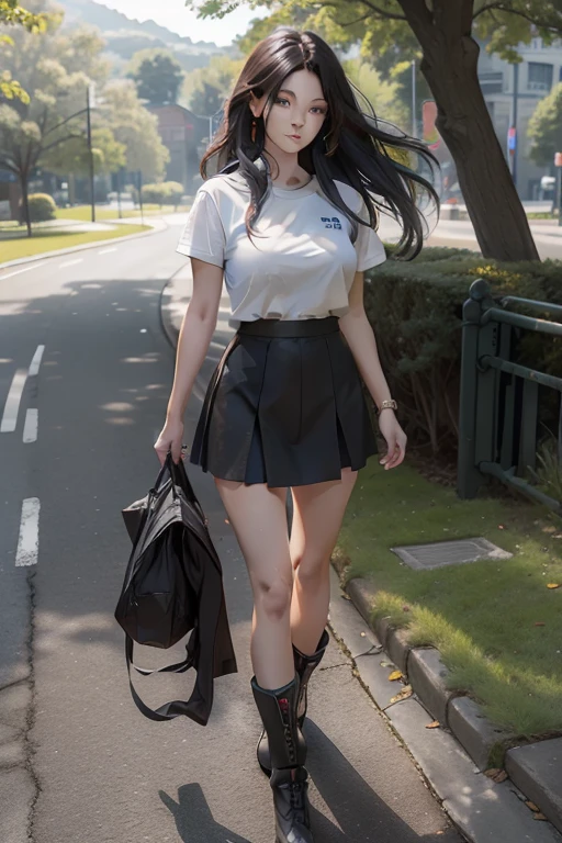 Not suitable for working hours, up\(rx78\), Ultra-high resolution, best quality, photo, 4K, (Realistically:1.4), 1 girl, Solitary, (Full body female:1.1), Double tail, black hair color, Pretty Face, beautiful eyes, There is a lake outside the park, running, Mecha Armor, Depth of Field, Movement Line, Short skirt, Tight shirt,(Huge and massive :1.1)