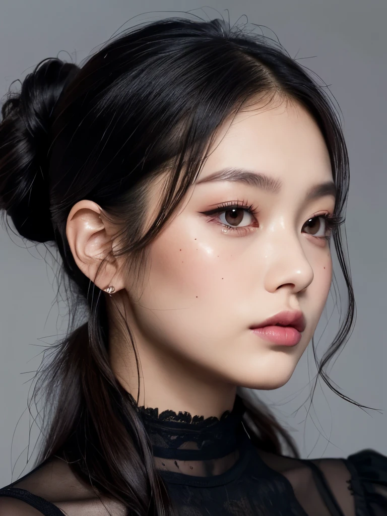 Kim Jennie with dark black hair, with curlers at the ends of dark black hair, with a star clip in her dark black hair, light colored eyes, pretty eyes, crying eyes, pretty, upturned nose, Pretty lips, pink lips, heart and cupid shaped lip, pretty skin, pale, White skin, with moles and freckles all over his face, soft pink blush on the cheeks, natural pink blush, dark and gothic makeup, Gothic Jennie, while she is with a cute boy by her side, with a cute asian boy standing next to her, while there is a man's torso, while the man'His hand is on his jaw.., beautiful man's hands, with a gothic boy, nice collars, marked collar, frown, angry look, with a kiss necklace, a pretty kiss necklace, while her nipples are noticeable (big breasts, soft breasts, nice breasts, natural breasts), with a white dress, short and transparent dress, visible on the nipple, with a boy by his side, with her boyfriend, looking to the camera, autophoto