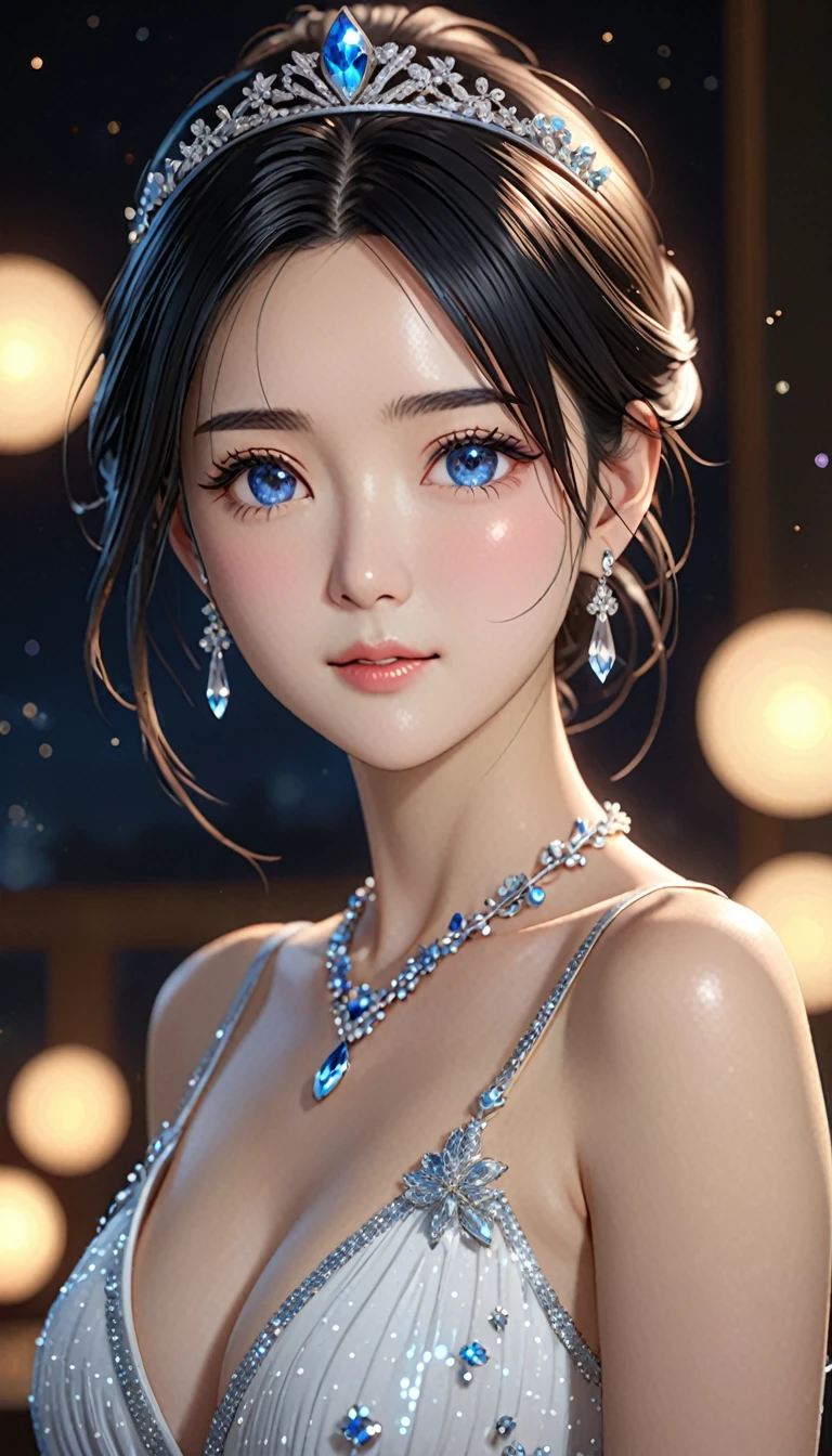 National Science Foundation,masterpiece,High resolution,8K,art,refer,3d,realism,Kyoto Animation Style,Your Name movie style,Looking into the camera,Soft Light,Glowing Skin,超High resolution, Attention to detail, High resolution, 8K, 16K, high quality, 最high quality, Very detailed, Textured skin, masterpiece, Accurate, Anatomically correct, Awards,(1 female: 1.3),(alone: 1.4),Starry Sky(((Black Hair))),美しいBlack Hair,(ponytail),(A woman wearing a beautiful tiara on her head),(Nice,Sparkly white evening dress),Gorgeous evening dress with Swarovski crystals,(Crystal Hairpin),(Crystal Necklace),(Crystal Earrings),(Crystal Bracelet),(Crystal Ring),Long eyelashes,Thin legs,Upper body close-up,Bust Shot,(Starry Eyes),(blue eyes),Watery eye,(blush),(shy),(Make sure your head doesn't go beyond the screen),