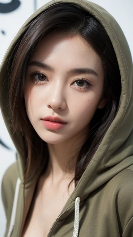 1girl, solo, pretty face, eyelashes, nose, glossy lips, (detailed eyes, looking at viewer, fair skin, white skin: 1.5), smooth skin, wearing hoodie, 8k portrait of beauty in hoodie, intricate, graceful, highly detailed, majestic, digital photography, hyper realistic, Masterpiece, Best Quality, (graffiti:1.5), paint splatter, jacket, On wall, paint can, looking at viewer, head slanted, clothing color cyberpunk, (Wear a cyberpunk hooded military uniform), cyberpunk city, long fashion hair, slim body, big breast, small cleavage, wearing modern army hoodie, hoodie wear, masterpiece, highly detailed, ultra hd, 8k, detailed face, bright eyes, perfect eyes, detailed skin texture, detailed lips, sexy lips, perfect hands, dynamic poses, dynamic angle