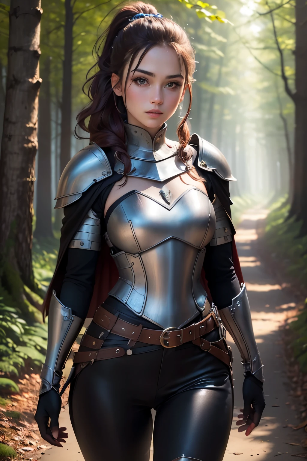 ((best quality)), ((masterpiece)), (detailed), Prize-winning works, with incredible details, maximum textures and details, uhd ,super resolution , 1 portrait of an adventurous brunette warrior fantasy girl ,beautiful face, standing on a path in a magical forest, cabelo ponytail, developing long hair, wavy, wearing medieval black armor ,black gauntlets and gloves, black breastplate black leather,black pants, black belts ,black long cape ,fully body (15 year old young man :1.1,detailedeyes, face detailed, whole body:1.1,the background is a forest ),(best qualityer:1.2,ultra detali:1.1,realisitic:1.37) ,eyeshadows,sharp focus,swirly vibrant colors,), (twilight), 8K