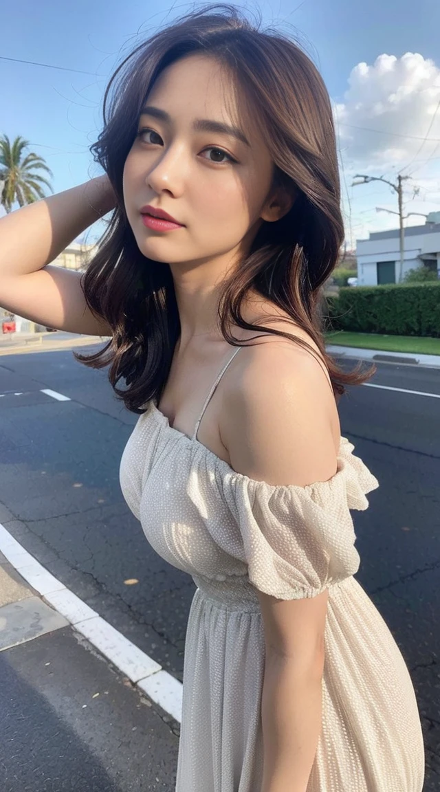 Dark brown hair、Light brown eyes、Japanese actress、 Lady、I am about 40 years old...、(Intricate details:1.2)、(Which is higher???:1.4)、 (Ultra-high resolution:1.2)、Ultra-high resolution、(Fine-tune)、(Detailed facial features)、Hmph、8k resolution、D cup size breasts、Long Hair、1 girl, A look of deep sadness, (Very detailed美しい顔), (loose fitting dress :1.5),(Exposing shoulders:1.3), (Highest quality:1.4), (Very detailed)、Beautiful white skin, Angle from below、 Open your mouth a little、I can see your feet、Pose of Weakness、Obscene pose、Street fashion、Very sandals、Cut-out Design、Are standing、Los Angelesの街路、Ocean、Coconut Tree、Turn your ass towards me、Hair blowing in the wind、Los Angeles、