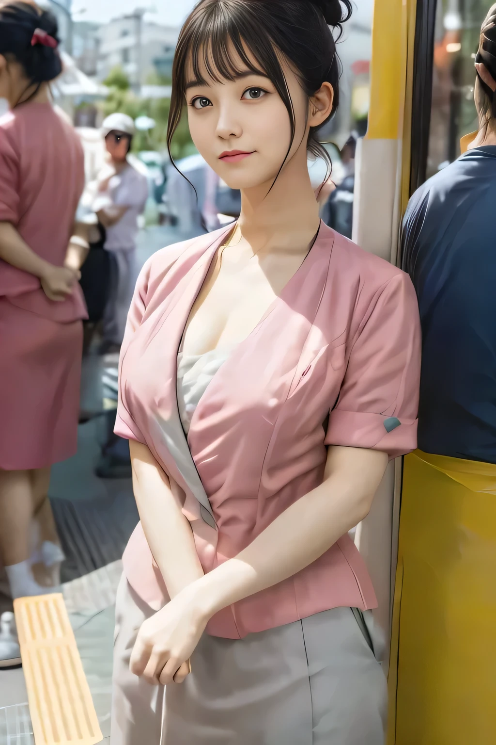 (masterpiece:1.2, Highest quality:1.2), 32k HDR, High resolution, (alone、1 girl)、（On the rooftop of a building in the daytime、Professional Lighting）、Building rooftop background、（Nankai train crew uniform pinkを着たリアルスタイル）、（Nankai train crew uniform pink short sleeve collarless pink jacket、Nankai Train Crew Uniform Pink Collarless Short Sleeve Blouse、Nankai Train Crew Uniform Pink Grey Knee-length Culottes）、（（The bottom of the pink short-sleeved jacket cannot be tucked into the clay-colored culottes.））、Dark brown hair、（Hair tied up、Hair Bun、Hair Bun）、Dark brown hair、Long Shot、Big Breasts、Thin legs、（（Great hands：2.0）），（（Harmonious body proportions：1.5）），（（Normal limbs：2.0）），（（Normal finger：2.0）），（（Delicate eyes：2.0）），（（Normal eyes：2.0））)、（Nankai Train Crew Uniform Pink Grey Knee-length Culottesを見せた美しい立ち姿）、smile