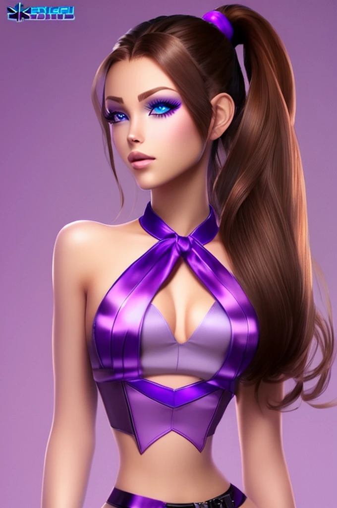 slim soft body, long brown hair with purple highlights, ponytail, blue eyes, blush, black eyeliner, ((full body))