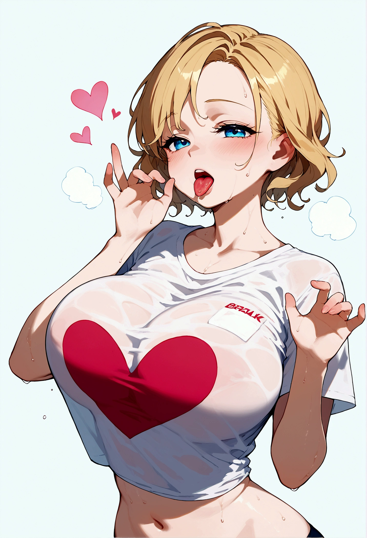 score_9, score_8_up, score_7_up, source_anime, big breasts, BREAK 1girl, solo, Blue eyes, Blonde hair, Sweating, Breast size d, Short cut and wavy hair, Big hips, High quality, Slightly shiny body, sticking out her tongue, blushing, asking for sex, making a sex gesture with the hand.Hearts, tilting her head slightly, wearing a t-shirt