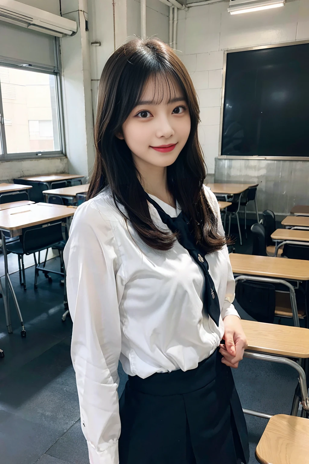 「A beautiful female school teacher stands in front of the classroom、She is wearing a suit with a tight white shirt and a tight he is holding a textbook and smiling gently.。Her long straight hair was neatly arranged.、The tight mini skirt accentuates her thighs and buttocks.。We create a professional and friendly atmosphere。A classroom can be seen in the background.、There is a blackboard and student desks.。」
