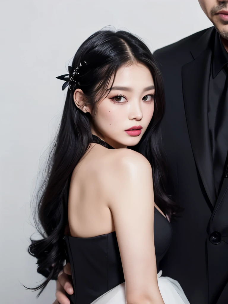 Kim Jennie with dark black hair, with curlers at the ends of dark black hair, with a star clip in her dark black hair, light colored eyes, pretty eyes, crying eyes, pretty, upturned nose, Pretty lips, pink lips, heart and cupid shaped lip, pretty skin, pale, White skin, with moles and freckles all over his face, soft pink blush on the cheeks, natural pink blush, dark and gothic makeup, Gothic Jennie, while she is with a cute boy by her side, with a cute asian boy standing next to her, while there is a man's torso, while the man'His hand is on his jaw.., beautiful man's hands, with a gothic boy, nice collars, marked collar, frown, angry look, with a kiss necklace, a pretty kiss necklace, while her nipples are noticeable (big breasts, soft breasts, nice breasts, natural breasts), with a white dress, short and transparent dress, visible on the nipple, with a boy by his side, with her boyfriend, looking to the camera, autophoto