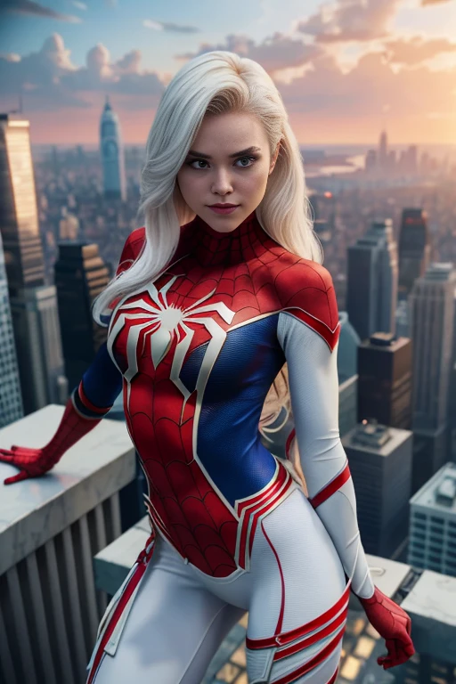 4k, realistic, carismatic, very detail, there is a girl on top city, wearing spiderman costum, she is a spiderman, white super hero theme, white long hair, 25 years old, full body