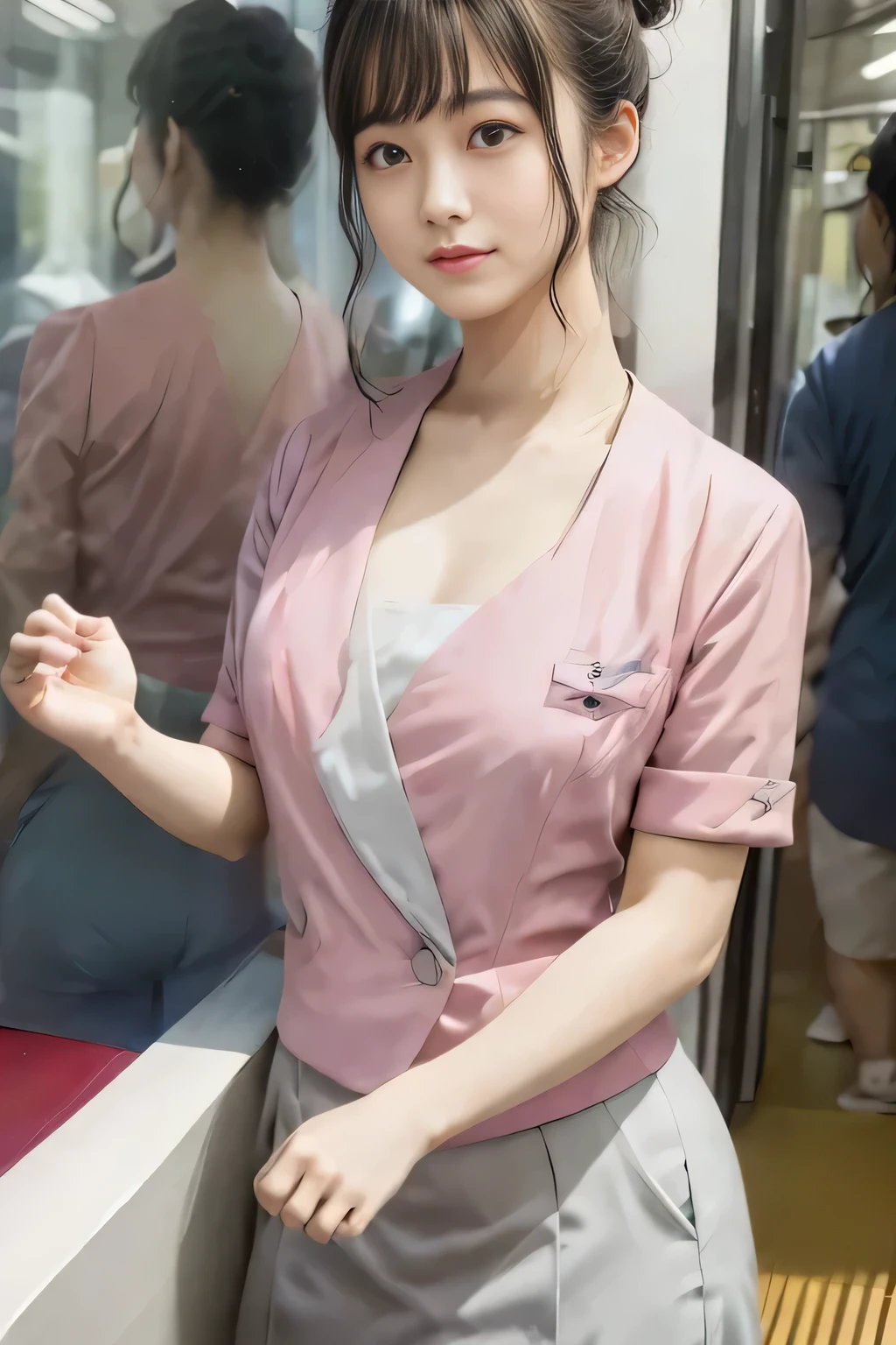 (masterpiece:1.2, Highest quality:1.2), 32k HDR, High resolution, (alone、1 girl)、(On the rooftop of a building in the daytime、Professional Lighting)、Building rooftop background、(Nankai train crew uniform pinkを着たリアルスタイル)、(Nankai train crew uniform pink short sleeve collarless pink jacket、Nankai Train Crew Uniform Pink Collarless Short Sleeve Blouse、Nankai Train Crew Uniform Pink Grey Knee-length Culottes)、((The bottom of the pink short-sleeved jacket cannot be tucked into the clay-colored culottes.))、Dark brown hair、(Hair tied up、Hair Bun、Hair Bun)、Dark brown hair、Long Shot、Big Breasts、Thin legs、((Great hands:2.0)),((Harmonious body proportions:1.5)),((Normal limbs:2.0)),((Normal finger:2.0)),((Delicate eyes:2.0)),((Normal eyes:2.0)))、(Nankai Train Crew Uniform Pink Grey Knee-length Culottesを見せた美しい立ち姿)、smile
