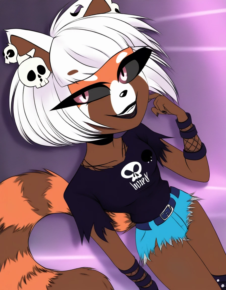 red panda, emo or punk clothing Style, ojos en forma de punto, no pupilas, short hair, white bangs, dark blue belt,dark brown skin, negative colors on clothes, brown fur, skull earring on one ear, black sclera, female, grunge shirt, reaped shirt and black shorts with mesh netting and punk boots, dancin with someone and holding it waist, solo