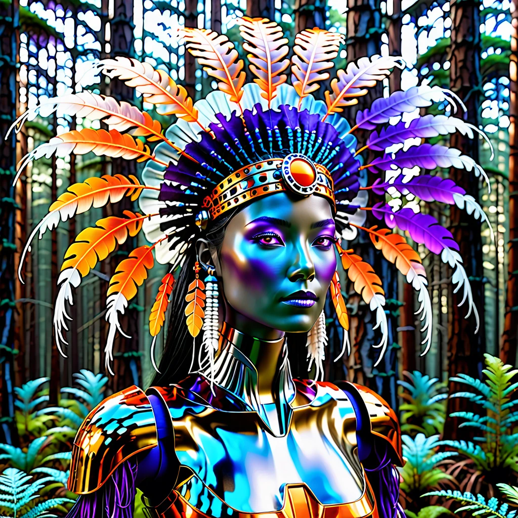 A tumbling tilt-shifting triple exposure of a cybernetic polypore eccentric jellyfish prototype enhancement featuring a female Native American robot with a traditional indigenous headdress made of metallic feathers. She is hacking the mycelium network in a warped perspective with a forest exposure. The robot has a sleek, metallic body adorned with intricate chipset connection lines, with colors of orange, dark purple, blacklight, and silver metallic with chromed parts. The forest has natural textures and aspects but with chromed colors and chipsets embedded in the tree trunks, giving the appearance of human-made creations. The scene is ethereal and futuristic, highlighting the robot's graceful interaction with the technologically enhanced nature. --ar 16:9 --v 5